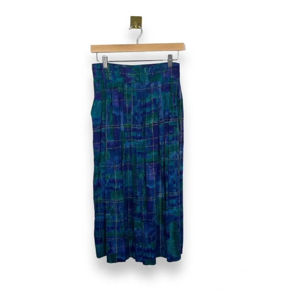 Vintage 90s Abstract Watercolor Rayon Midi Skirt Blue Green Purple M